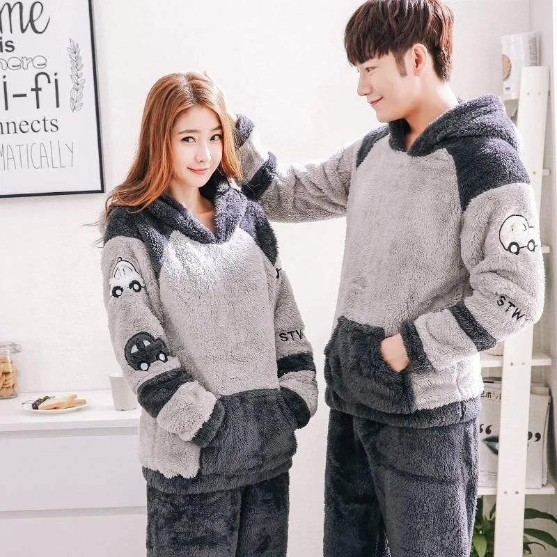Männer verdicken warme Pyjama Sets Paare Winter weichen Flanell Pyjama Autos drucken lange Schlaf Lounge