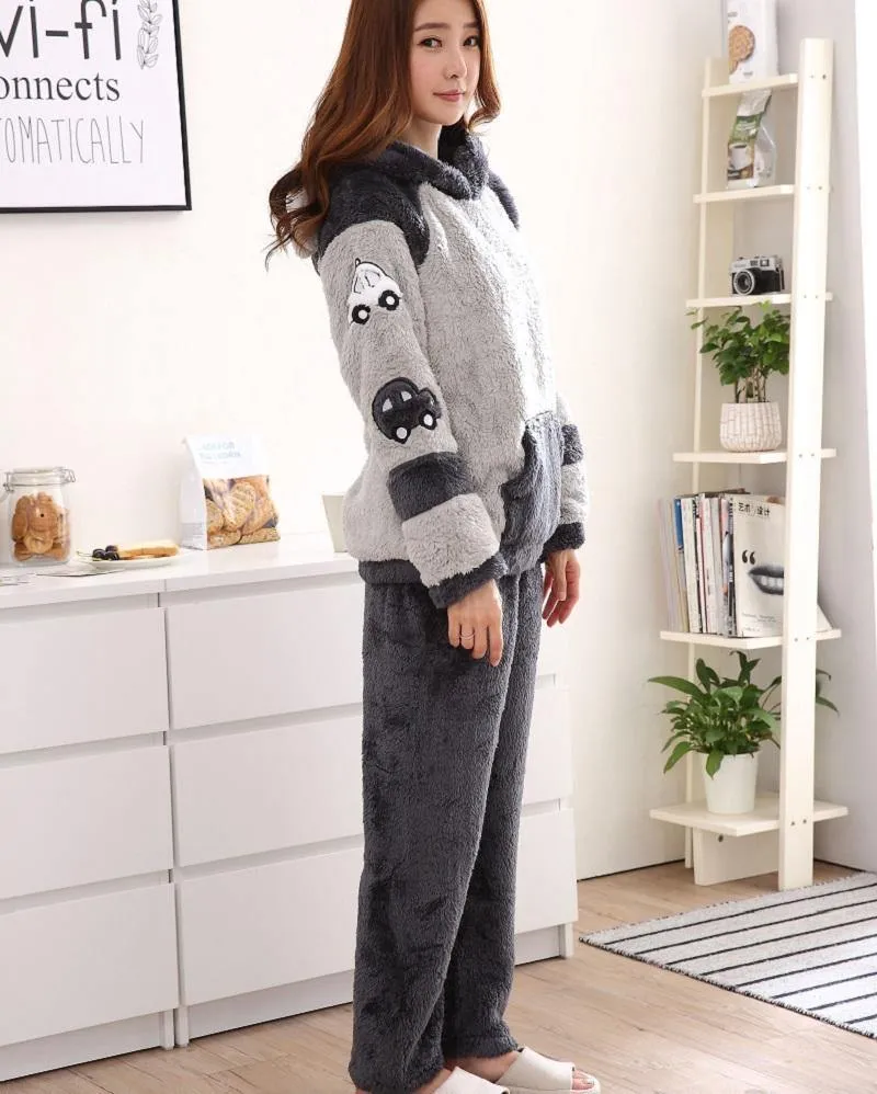 Männer verdicken warme Pyjama Sets Paare Winter weichen Flanell Pyjama Autos drucken lange Schlaf Lounge