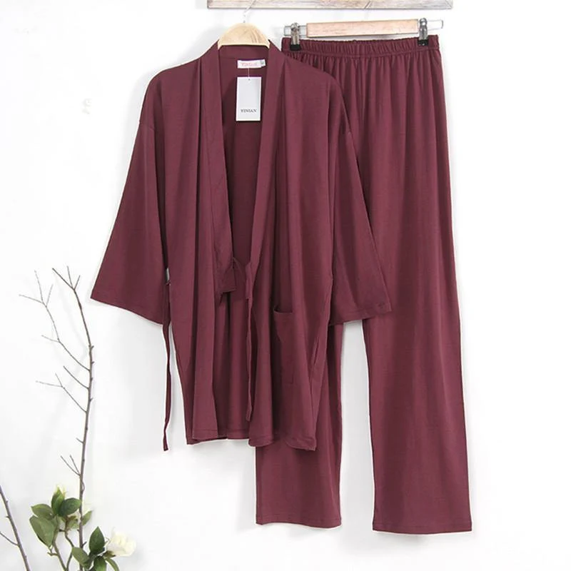 Kimono Schlafanzug Set Herren Schlaf Frühling Herbst Gestrickt 100% Baumwolle Loungekleidung Herren Schlaf Kimono