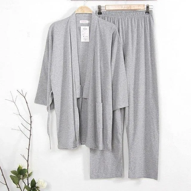 Kimono Schlafanzug Set Herren Schlaf Frühling Herbst Gestrickt 100% Baumwolle Loungekleidung Herren Schlaf Kimono