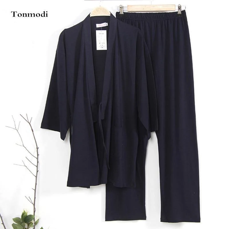 Kimono Schlafanzug Set Herren Schlaf Frühling Herbst Gestrickt 100% Baumwolle Loungekleidung Herren Schlaf Kimono
