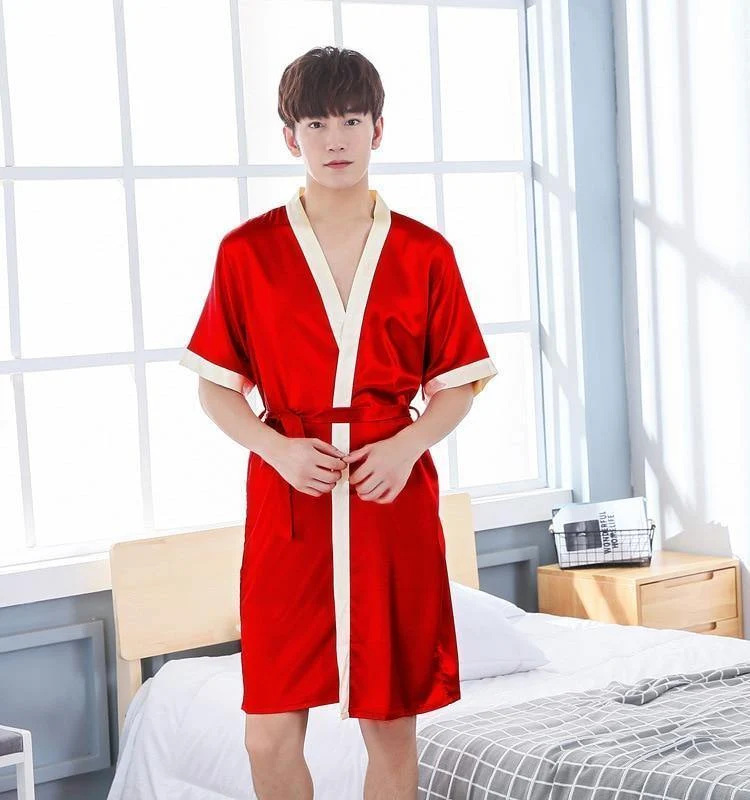 Männer Kimono Robe Faux Silk Badekleid Nachtwäsche Lounge Casual Seidige Nachtwäsche Weibliches Kleid M-XXL