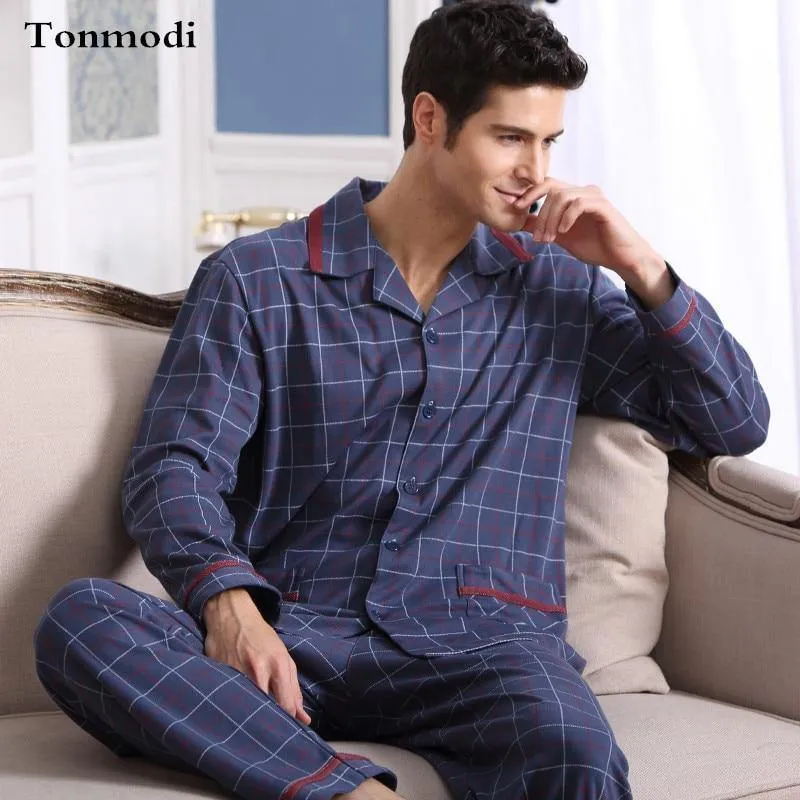 Langarm-Nachtwäsche, Baumwolle, karierter Cardigan-Pyjama, Herren-Lounge-Pyjama-Sets, Übergröße 4XL