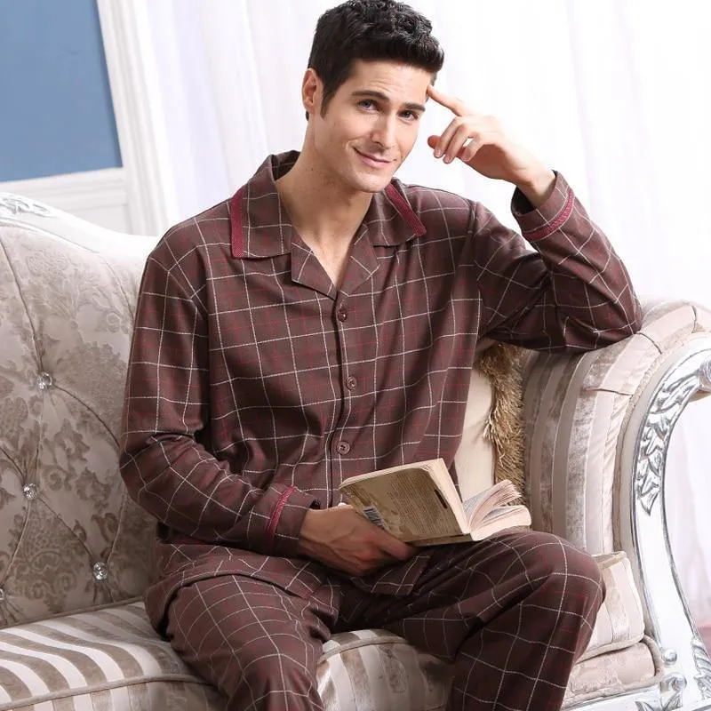 Langarm-Nachtwäsche, Baumwolle, karierter Cardigan-Pyjama, Herren-Lounge-Pyjama-Sets, Übergröße 4XL