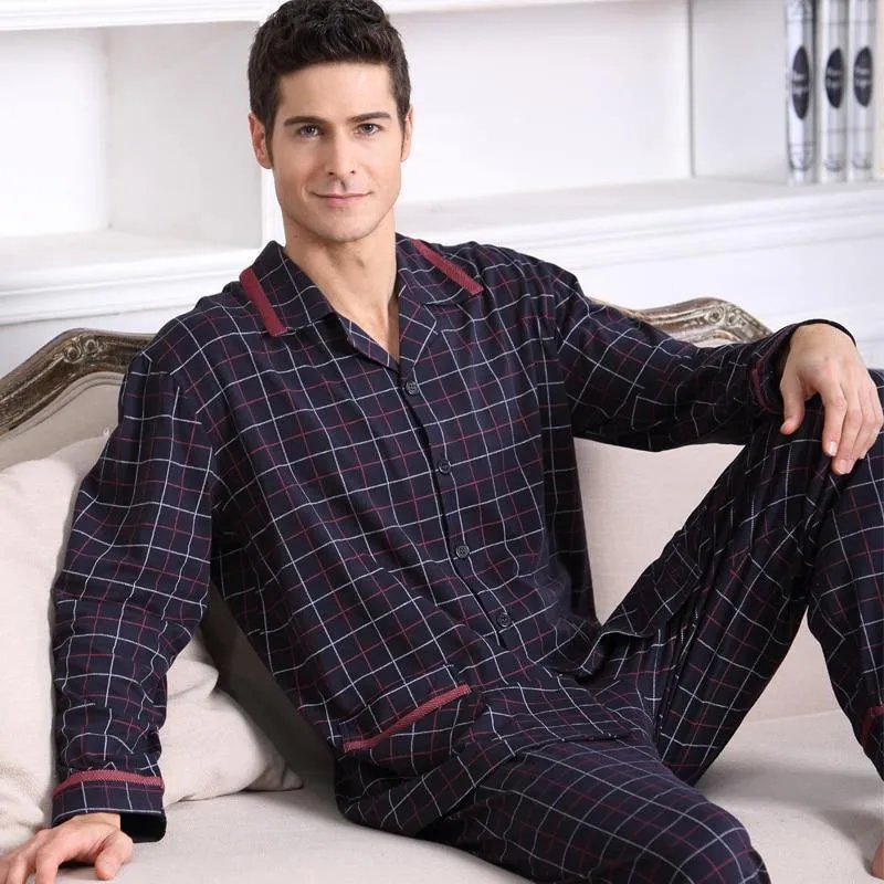 Langarm-Nachtwäsche, Baumwolle, karierter Cardigan-Pyjama, Herren-Lounge-Pyjama-Sets, Übergröße 4XL