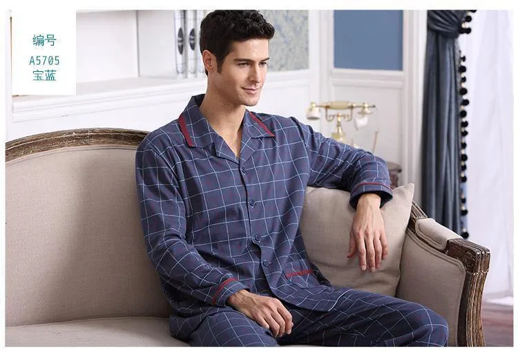 Langarm-Nachtwäsche, Baumwolle, karierter Cardigan-Pyjama, Herren-Lounge-Pyjama-Sets, Übergröße 4XL