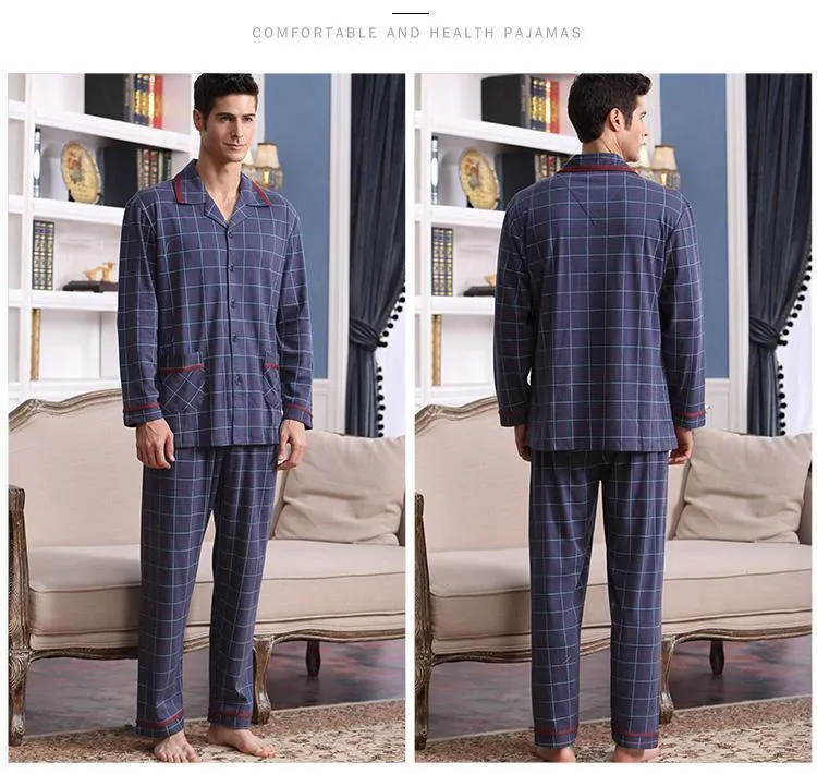 Langarm-Nachtwäsche, Baumwolle, karierter Cardigan-Pyjama, Herren-Lounge-Pyjama-Sets, Übergröße 4XL