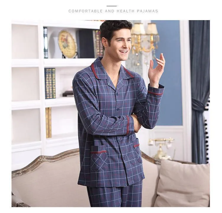 Langarm-Nachtwäsche, Baumwolle, karierter Cardigan-Pyjama, Herren-Lounge-Pyjama-Sets, Übergröße 4XL