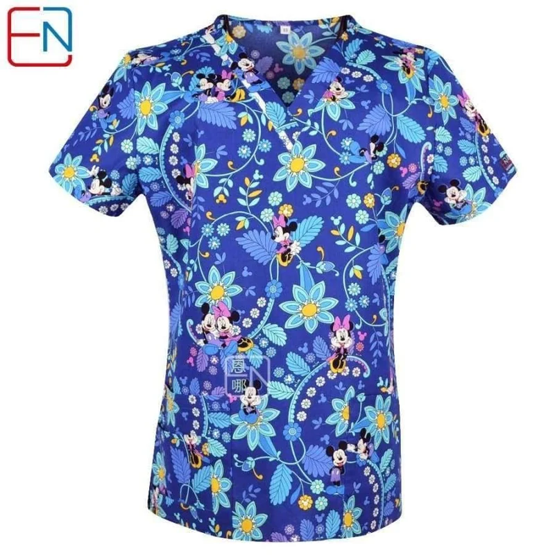 Damen Scrub Top mit V-Ausschnitt, 100 % Baumwolle, bedruckt, chirurgische medizinische Uniformen, Krankenhaus, Krankenschwester, Scrub Tops für Frauen