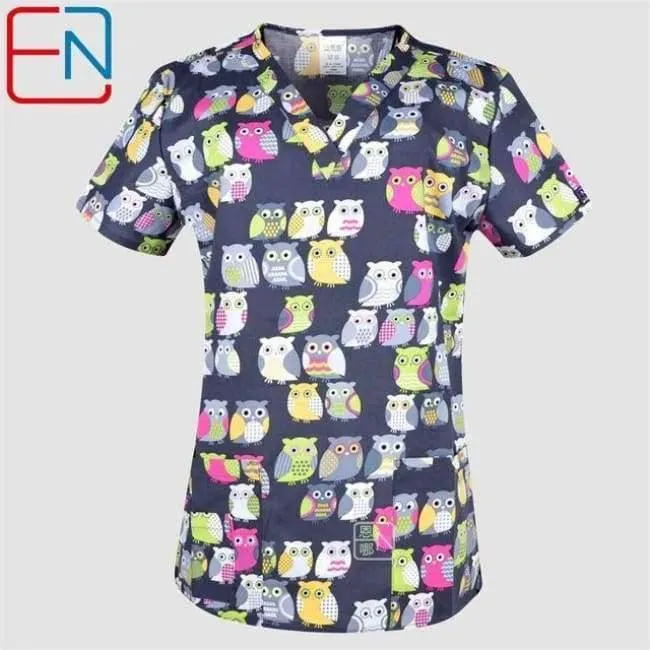 Damen Scrub Top mit V-Ausschnitt, 100 % Baumwolle, bedruckt, chirurgische medizinische Uniformen, Krankenhaus, Krankenschwester, Scrub Tops für Frauen