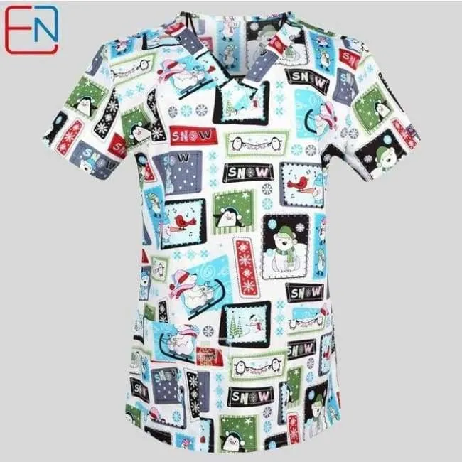 Damen Scrub Top mit V-Ausschnitt, 100 % Baumwolle, bedruckt, chirurgische medizinische Uniformen, Krankenhaus, Krankenschwester, Scrub Tops für Frauen