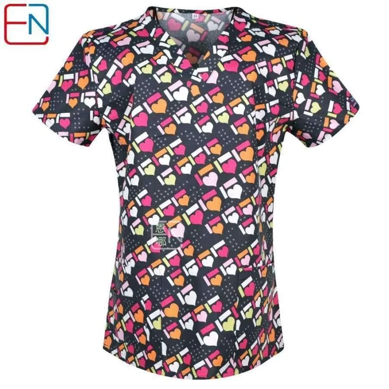 Damen Scrub Top mit V-Ausschnitt, 100 % Baumwolle, bedruckt, chirurgische medizinische Uniformen, Krankenhaus, Krankenschwester, Scrub Tops für Frauen