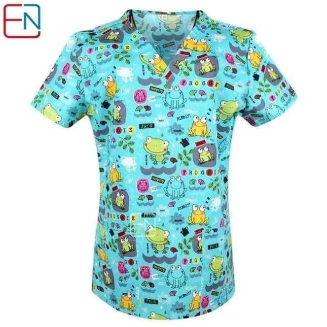 Damen Scrub Top mit V-Ausschnitt, 100 % Baumwolle, bedruckt, chirurgische medizinische Uniformen, Krankenhaus, Krankenschwester, Scrub Tops für Frauen