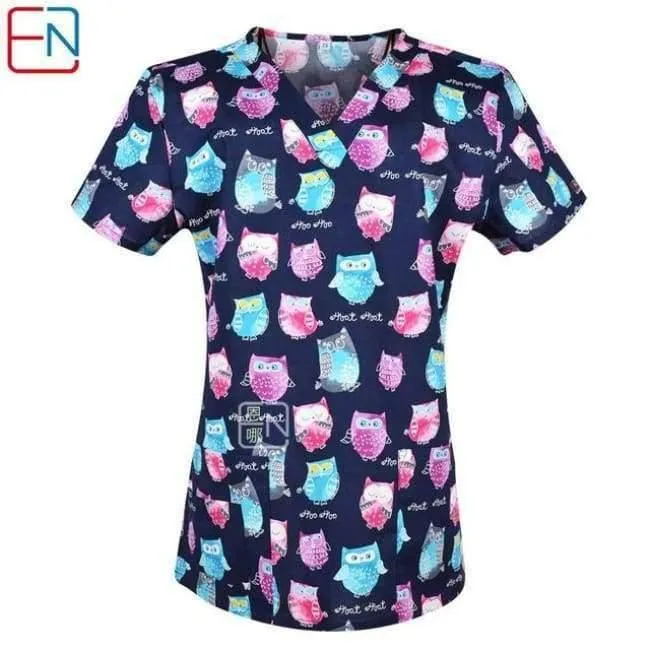 Damen Scrub Top mit V-Ausschnitt, 100 % Baumwolle, bedruckt, chirurgische medizinische Uniformen, Krankenhaus, Krankenschwester, Scrub Tops für Frauen