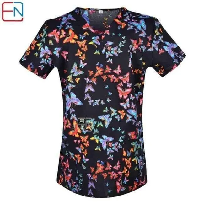 Damen Scrub Top mit V-Ausschnitt, 100 % Baumwolle, bedruckt, chirurgische medizinische Uniformen, Krankenhaus, Krankenschwester, Scrub Tops für Frauen