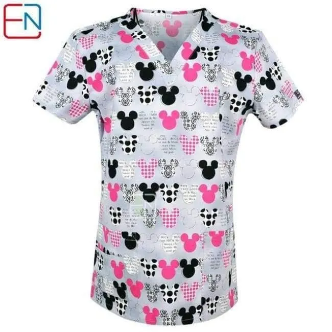 Damen Scrub Top mit V-Ausschnitt, 100 % Baumwolle, bedruckt, chirurgische medizinische Uniformen, Krankenhaus, Krankenschwester, Scrub Tops für Frauen