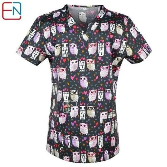 Damen Scrub Top mit V-Ausschnitt, 100 % Baumwolle, bedruckt, chirurgische medizinische Uniformen, Krankenhaus, Krankenschwester, Scrub Tops für Frauen