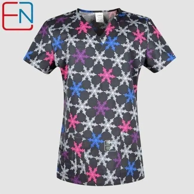 Damen Scrub Top mit V-Ausschnitt, 100 % Baumwolle, bedruckt, chirurgische medizinische Uniformen, Krankenhaus, Krankenschwester, Scrub Tops für Frauen