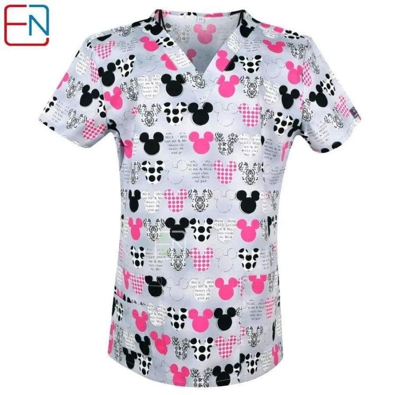 Damen Scrub Top mit V-Ausschnitt, 100 % Baumwolle, bedruckt, chirurgische medizinische Uniformen, Krankenhaus, Krankenschwester, Scrub Tops für Frauen