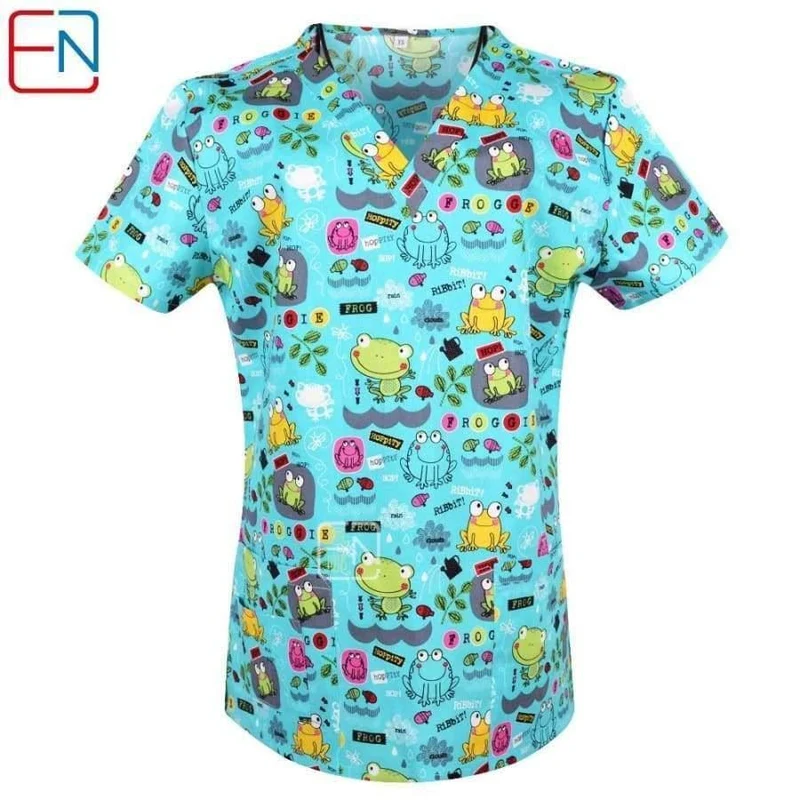 Damen Scrub Top mit V-Ausschnitt, 100 % Baumwolle, bedruckt, chirurgische medizinische Uniformen, Krankenhaus, Krankenschwester, Scrub Tops für Frauen