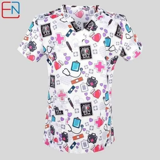 Damen Scrub Top mit V-Ausschnitt, 100 % Baumwolle, bedruckt, chirurgische medizinische Uniformen, Krankenhaus, Krankenschwester, Scrub Tops für Frauen