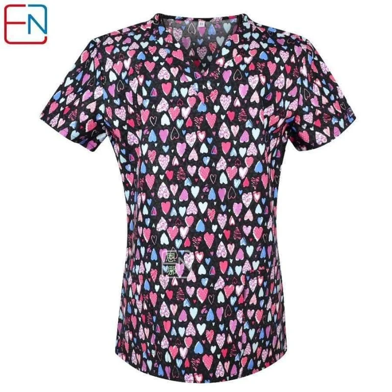 Damen Scrub Top mit V-Ausschnitt, 100 % Baumwolle, bedruckt, chirurgische medizinische Uniformen, Krankenhaus, Krankenschwester, Scrub Tops für Frauen