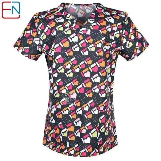 Damen Scrub Top mit V-Ausschnitt, 100 % Baumwolle, bedruckt, chirurgische medizinische Uniformen, Krankenhaus, Krankenschwester, Scrub Tops für Frauen