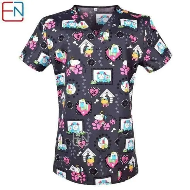 Damen Scrub Top mit V-Ausschnitt, 100 % Baumwolle, bedruckt, chirurgische medizinische Uniformen, Krankenhaus, Krankenschwester, Scrub Tops für Frauen