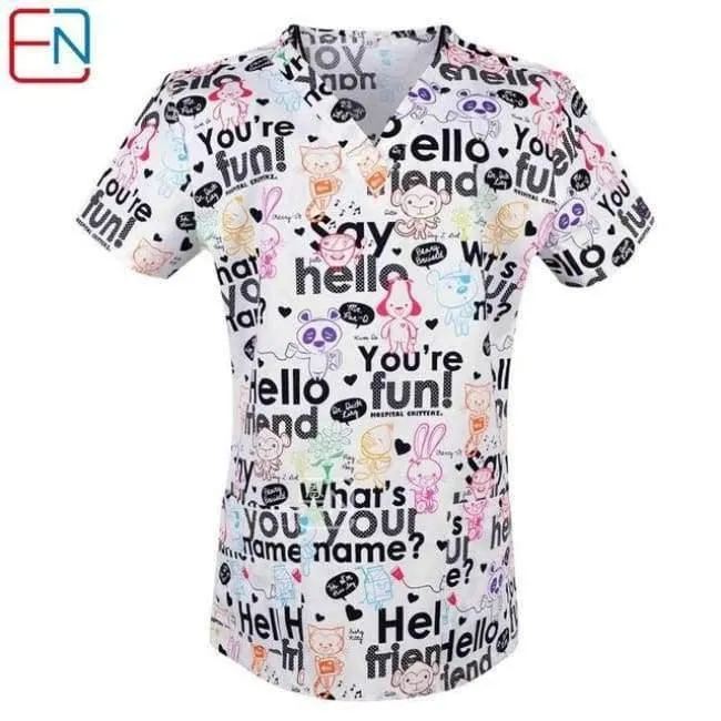Damen Scrub Top mit V-Ausschnitt, 100 % Baumwolle, bedruckt, chirurgische medizinische Uniformen, Krankenhaus, Krankenschwester, Scrub Tops für Frauen