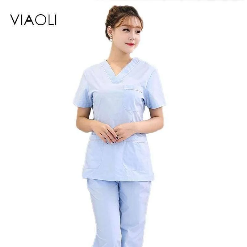 Der heiße Verkauf der Krankenhauskrankenschwesteruniform säubert medizinische Uniformen, neue Art V-Ansatz medizinische säubert mit blauer Blumenoberseite + Hose