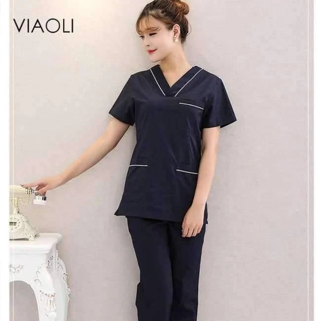 Der heiße Verkauf der Krankenhauskrankenschwesteruniform säubert medizinische Uniformen, neue Art V-Ansatz medizinische säubert mit blauer Blumenoberseite + Hose