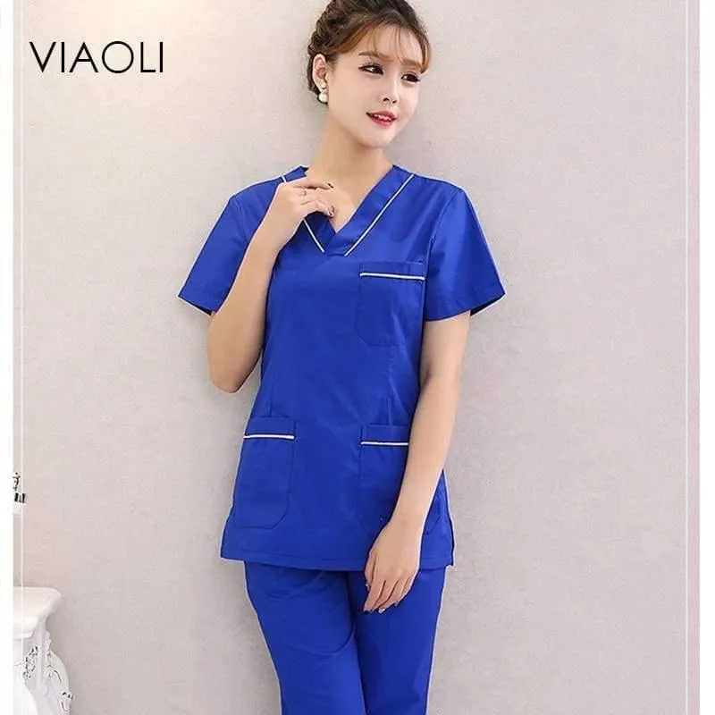 Der heiße Verkauf der Krankenhauskrankenschwesteruniform säubert medizinische Uniformen, neue Art V-Ansatz medizinische säubert mit blauer Blumenoberseite + Hose