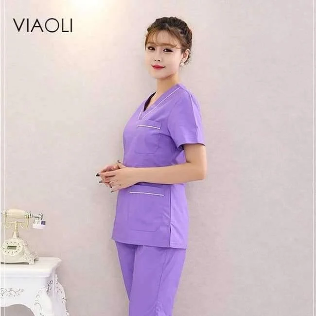 Der heiße Verkauf der Krankenhauskrankenschwesteruniform säubert medizinische Uniformen, neue Art V-Ansatz medizinische säubert mit blauer Blumenoberseite + Hose