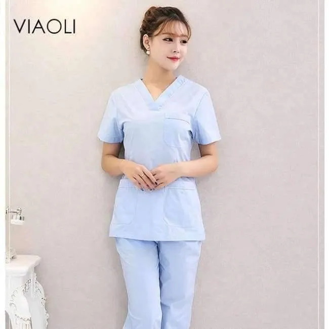 Der heiße Verkauf der Krankenhauskrankenschwesteruniform säubert medizinische Uniformen, neue Art V-Ansatz medizinische säubert mit blauer Blumenoberseite + Hose