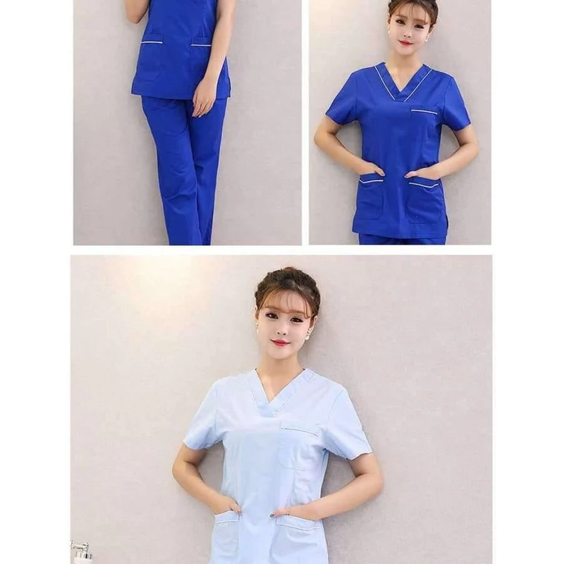 Der heiße Verkauf der Krankenhauskrankenschwesteruniform säubert medizinische Uniformen, neue Art V-Ansatz medizinische säubert mit blauer Blumenoberseite + Hose