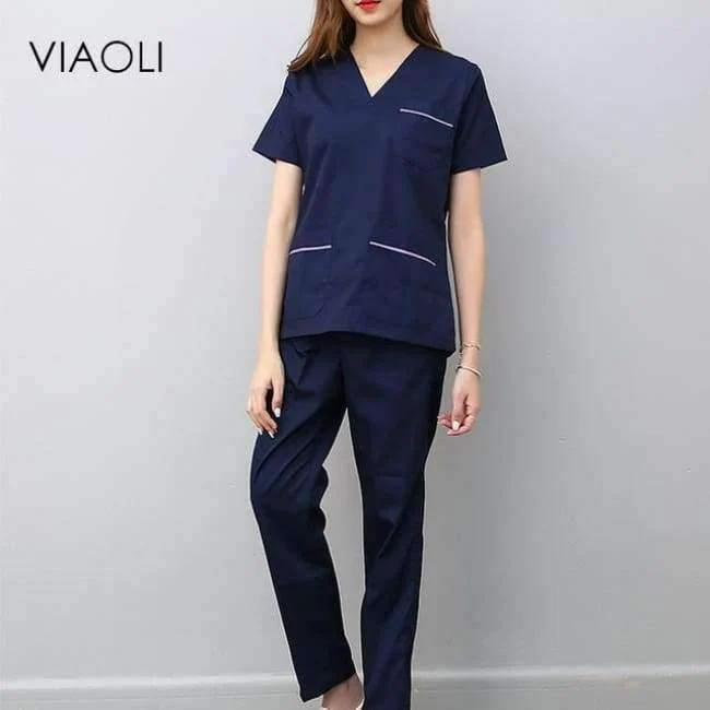 Medizinische Uniformen für Frauen und Männer, Krankenpflege, OP-Kleidung, kurzärmliger Mantel, Arztkleidung, Bürstenhandkleidung, V-Kragen