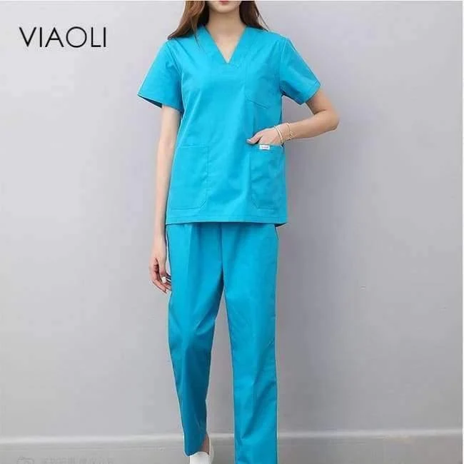 Medizinische Uniformen für Frauen und Männer, Krankenpflege, OP-Kleidung, kurzärmliger Mantel, Arztkleidung, Bürstenhandkleidung, V-Kragen