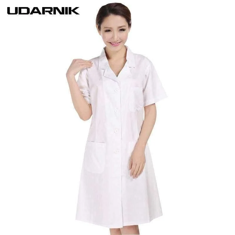Weiß Kurzarm Laborkittel Baumwolle Ärzte Wissenschaftler Frauen Krankenschwester Uniform Kleid Kostüm Medizinische Kleidung 903-227