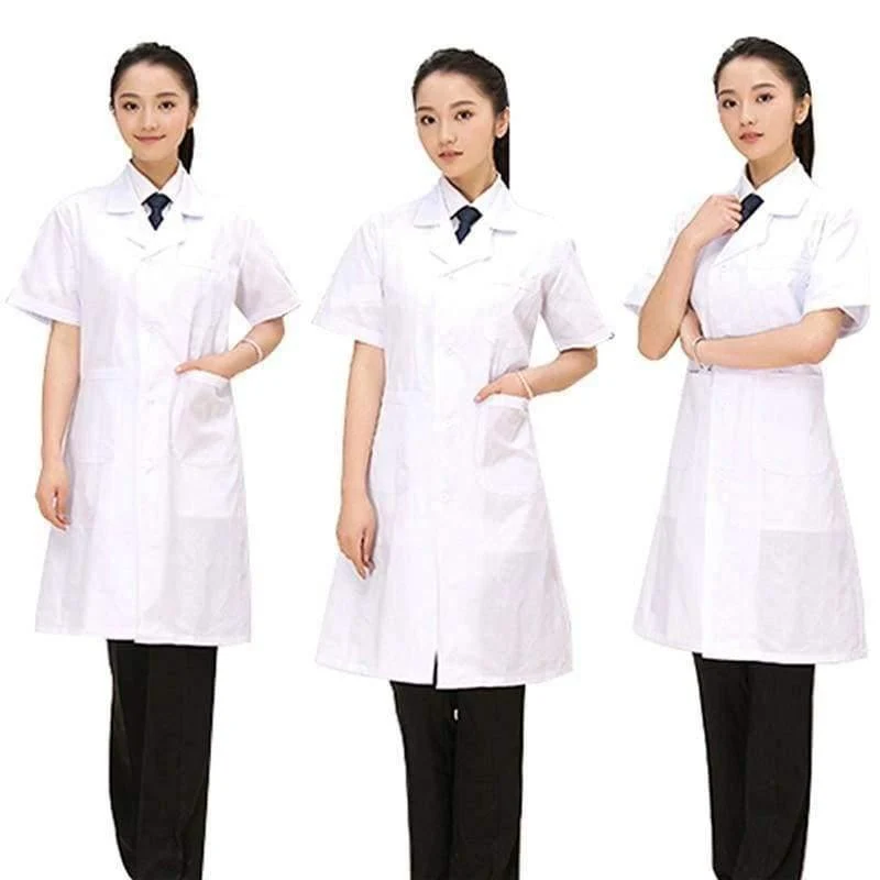 Weiß Kurzarm Laborkittel Baumwolle Ärzte Wissenschaftler Frauen Krankenschwester Uniform Kleid Kostüm Medizinische Kleidung 903-227