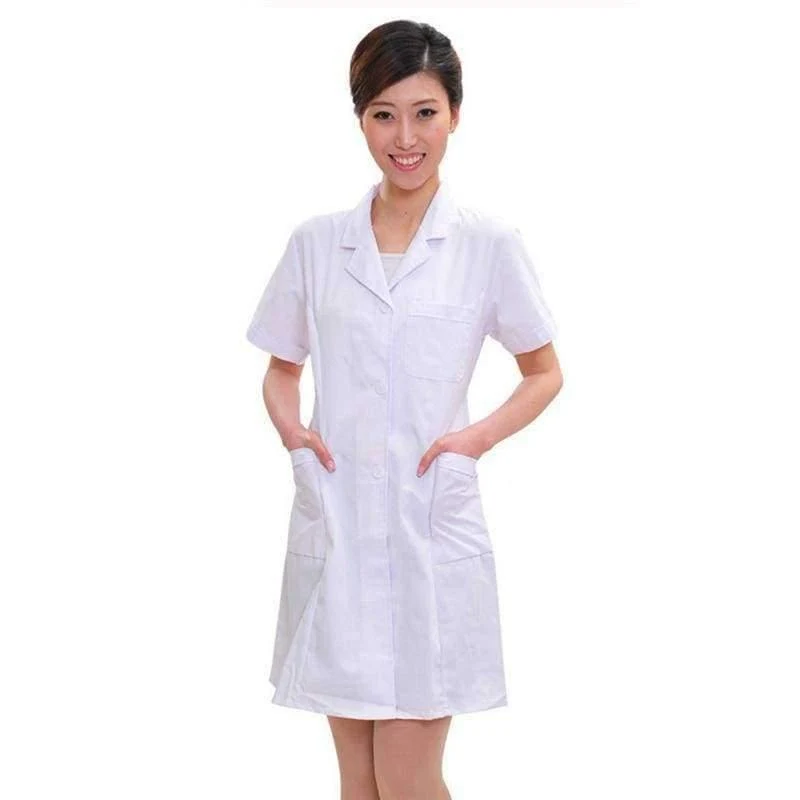 Weiß Kurzarm Laborkittel Baumwolle Ärzte Wissenschaftler Frauen Krankenschwester Uniform Kleid Kostüm Medizinische Kleidung 903-227