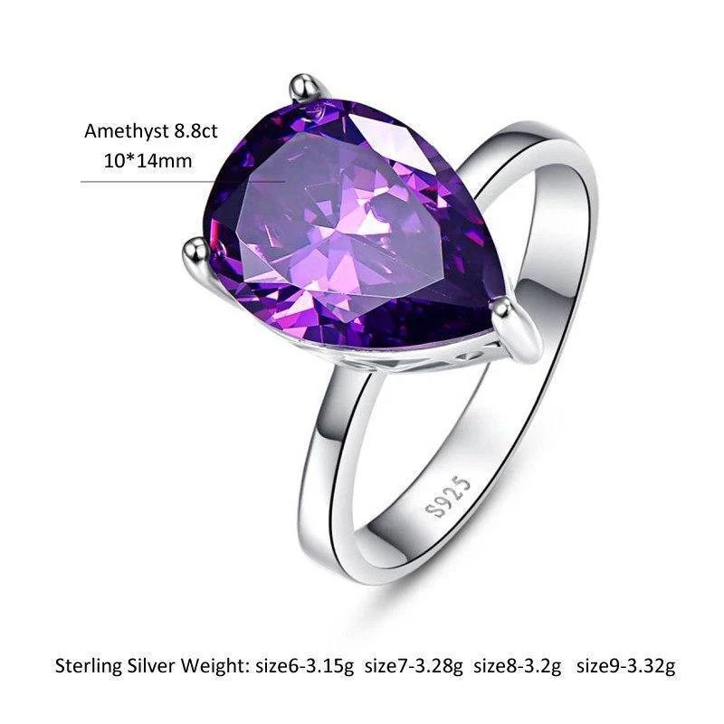 8.8 ct natürlicher lila Amethyst-Ring aus echtem 925er-Sterlingsilber, Wassertropfen-Perlenschliff, Damenmode