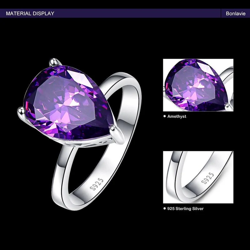 8.8 ct natürlicher lila Amethyst-Ring aus echtem 925er-Sterlingsilber, Wassertropfen-Perlenschliff, Damenmode