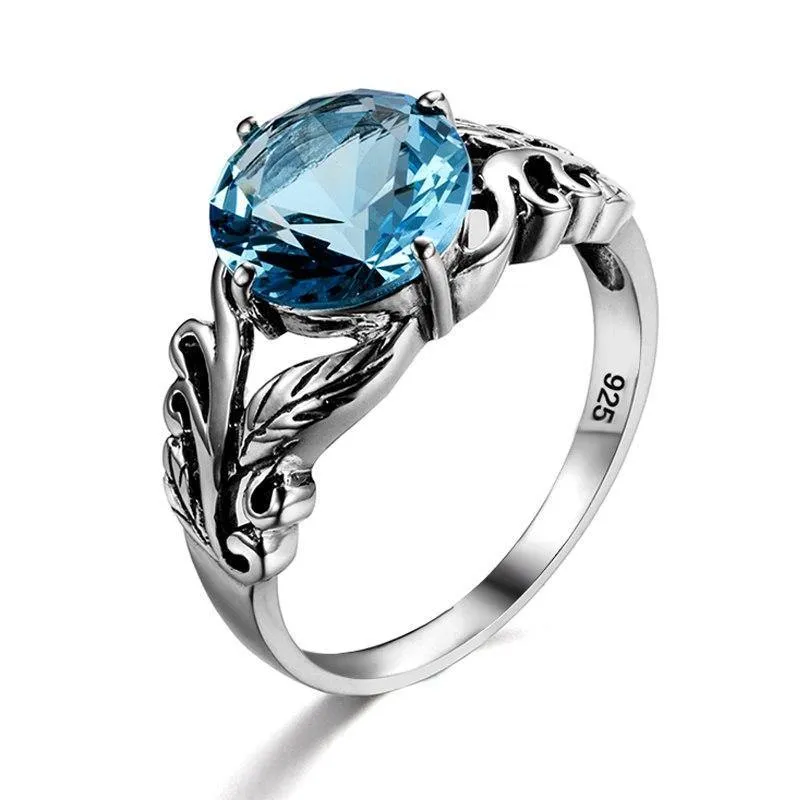 925 Sterling Silber Blatt geformt hellblau Victoria Stein Frauen Finger Ring Fashion Cocktail Ring Jubiläum Schmuck