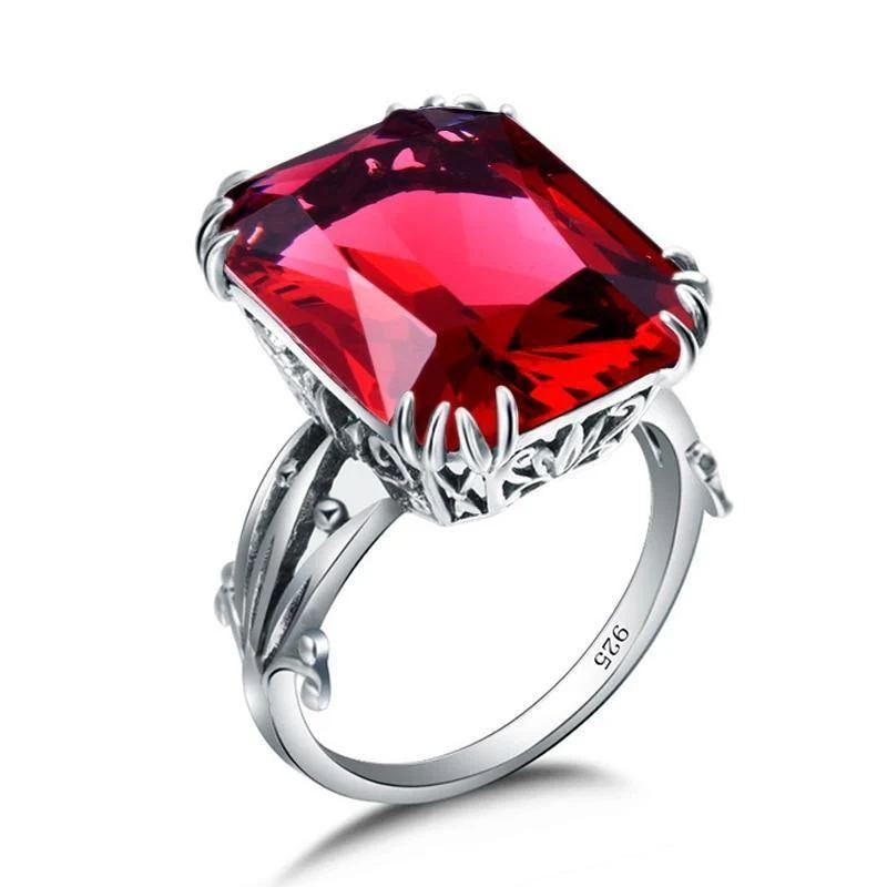 Gravierter Verlobungs-Rubin-Ring, Blumenrankenblatt-Design, massives 925er-Sterlingsilber, Damenringe, Zubehör