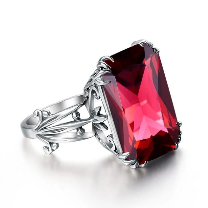 Gravierter Verlobungs-Rubin-Ring, Blumenrankenblatt-Design, massives 925er-Sterlingsilber, Damenringe, Zubehör