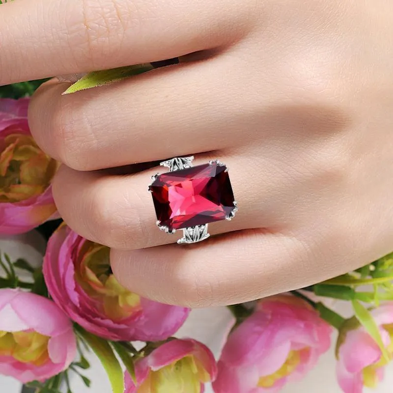 Gravierter Verlobungs-Rubin-Ring, Blumenrankenblatt-Design, massives 925er-Sterlingsilber, Damenringe, Zubehör