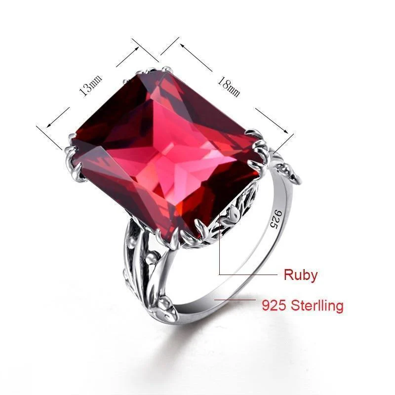 Gravierter Verlobungs-Rubin-Ring, Blumenrankenblatt-Design, massives 925er-Sterlingsilber, Damenringe, Zubehör