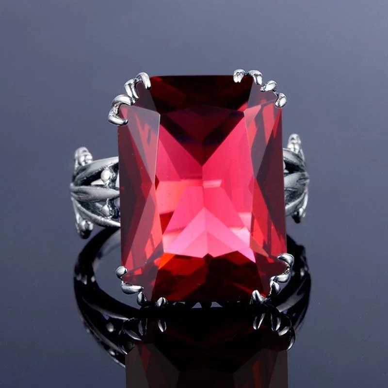Gravierter Verlobungs-Rubin-Ring, Blumenrankenblatt-Design, massives 925er-Sterlingsilber, Damenringe, Zubehör