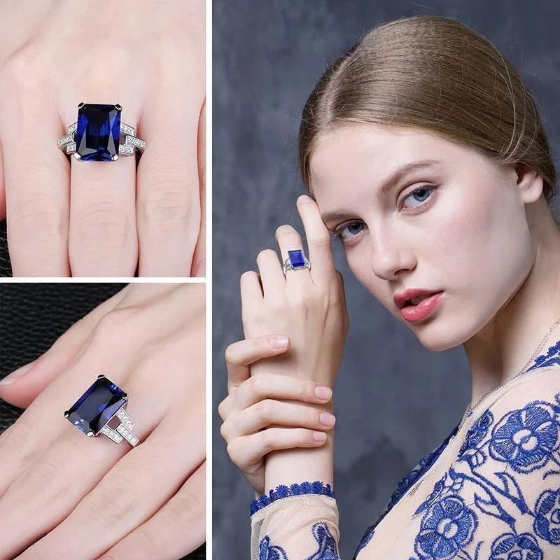 Emerald Cut 9.6ct Erstellt Blue Sapphire Cocktail Ring 925 Sterling Silber Ring für Fashion Women