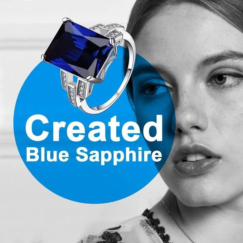 Emerald Cut 9.6ct Erstellt Blue Sapphire Cocktail Ring 925 Sterling Silber Ring für Fashion Women